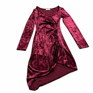 90s Inspired Bear Dance Crushed Velvet Asymmetrical Bodycon Dress (Burgundy) M